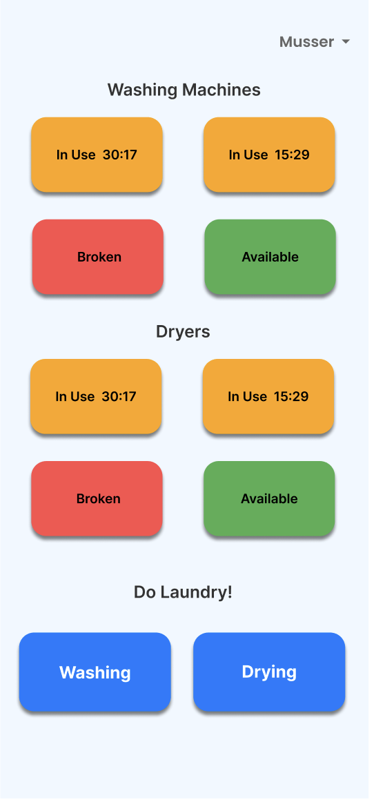 Homepage when user is not using any machine. There is a machine tracker frame and a using machine button.