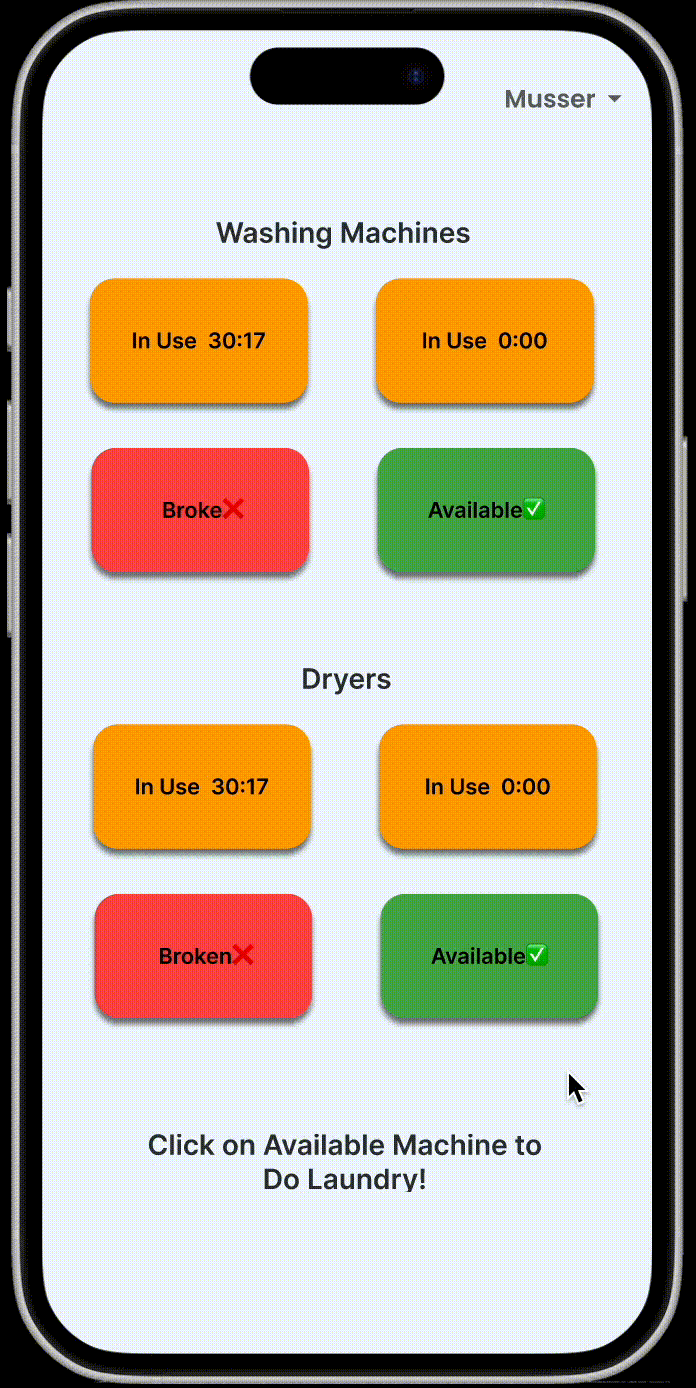GIF showing the interaction flow of tracking laundry